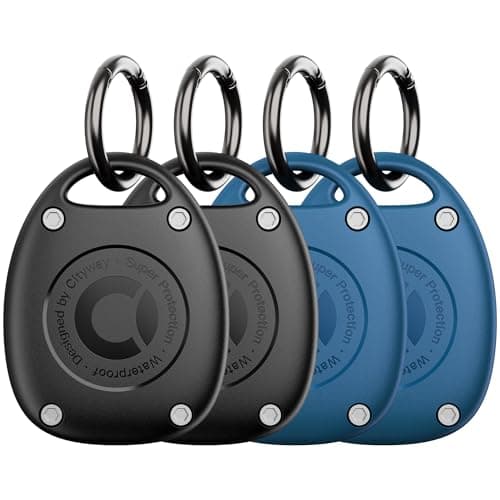 (4 Pack) AirTag Keychain Holder Case | IPX8 Waterproof, Ultra-Compact | Portable Air Tag Holder Cover for Dog Collar, Backpack, Keys, Luggage - 2 Black/2 Blue