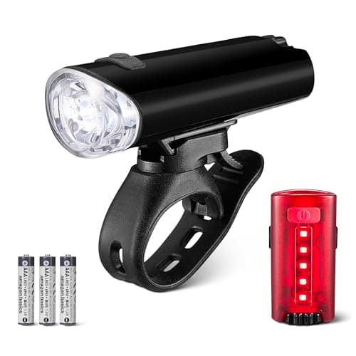Amazon Basics LED Bike Light Set with 100 Lumen Headlight and 10 Lumen Taillight - 3 Mode Waterproof Bicycle Lights with Mounts - Batteries Included - Black and Red