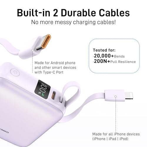 VINKO Small Power Bank with Built-in Cable,10000mAh Fast Charging Power Bank, 22.5W USB C Portable Charger, Mini Battery Pack for iPhone 16 15 14 13 Samsung Galaxy Google Android (Purple) — view 4