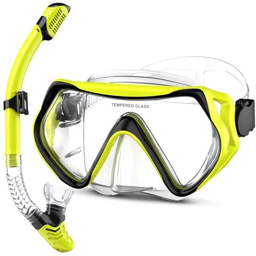 MELUMILU Snorkel Set, Snorkel Mask 180° Panoramic Wide View, Anti-Fog Scuba Diving Gear, Professional Swim Goggles for Free Breathing, Swim, Diving, (Clear Yellow)