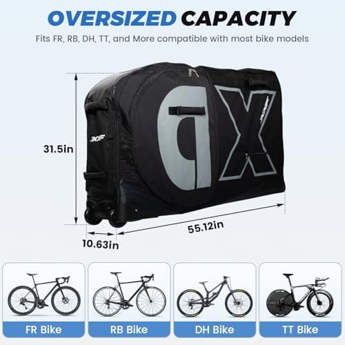 Exquimac Bike Travel Case & Bike Travel Bag - Bicycle Pro Transport Equipment for Air Flights - Oversized Capacity, Waterproof Fabric with 4 Aluminum Support Bars, Wheel Protection Tubes & YKK Zippers — view 2