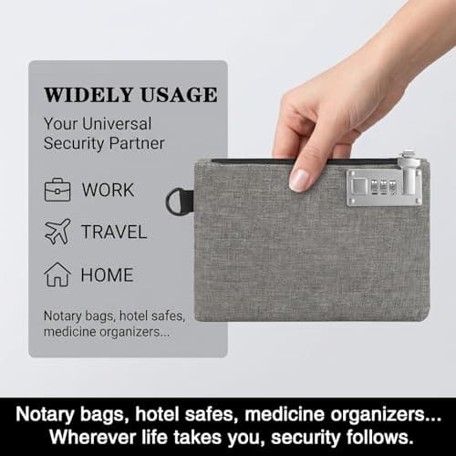 Lockable Money Pouch with Combination Lock, Grey Travel Safe Bag for Cash Passport Jewellery, Waterproof Oxford Fabric Security Wallet with 3-Digit Lock, Men Women, 8.27 × 5.91 inches — view 6