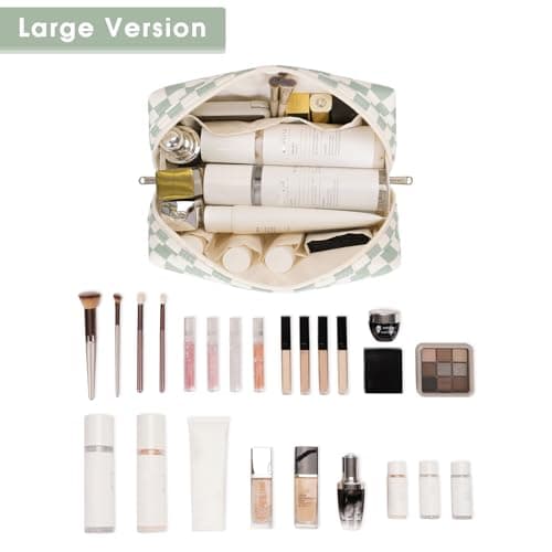 Large Makeup Bag Zipper Pouch Travel Cosmetic Organizer for Women (Mint Green Checkerboard, Large) — view 3