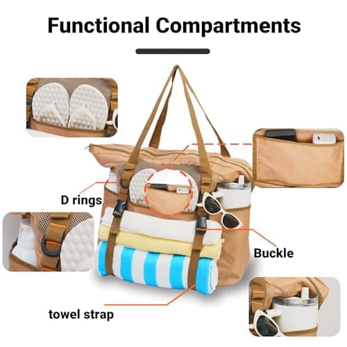 kokkoya Brown 40L Large Mesh Beach Bag with Zip for Family Pool & Travel — view 4