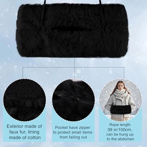 Winmany Faux Fur Hand Muffs Women Winter Soft Plush Hand Warmer Pouch with Outside Pocket for Phone Keys Coins Small Items (Black) — view 4