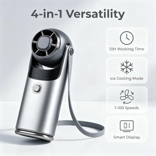 Portable Handheld Fan with Turbo Cooling,10H Cooling Mini Neck Fan,180° Rotatable Turbo Fan with Holder Lanyard,USB Rechargeable,Power LED Display,1-100 Speed Scroll Wheel,for Travel, Outdoor,Silver — view 2
