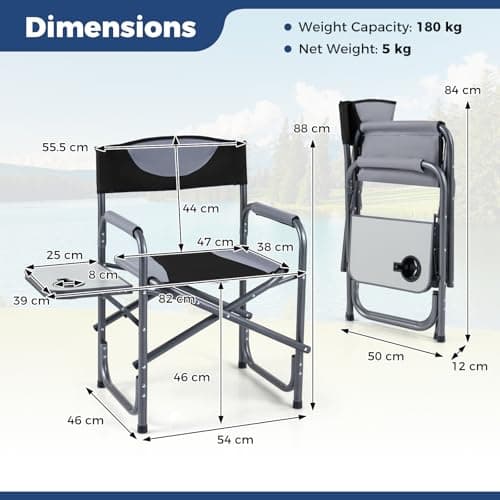 COSTWAY Folding Directors Chair, Oversized Camping Chairs with Side Table and Cup Holder, Outdoor Heavy Duty Beach Chair for Lawn Picnic Hiking Fishing (Black, 82 x 46 x 88cm, no Storage Pocket) — view 3
