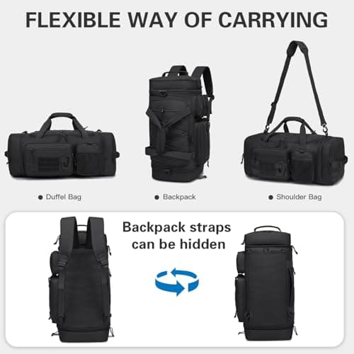 Tonruyn Tactical Duffle Bag Backpack for Men 40-45L Expandable Military Travel Duffel & Sports Holdall Gym Bag with Shoe Compartment Wet Pocket Medium Weekender Overnight for Camping Luggage, Black — view 3