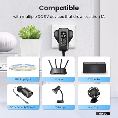 UKCA Certified 5V 1A 5W Power Supply Adapter (1.8M), 5.5x2.1mm, 4.0x1.7mm, 1000mA 0.5A 500mA AC DC Transformer for 5V Radio, Digital Frame, CCTV Camera, Speaker, Router, Baby Monitor — view 6
