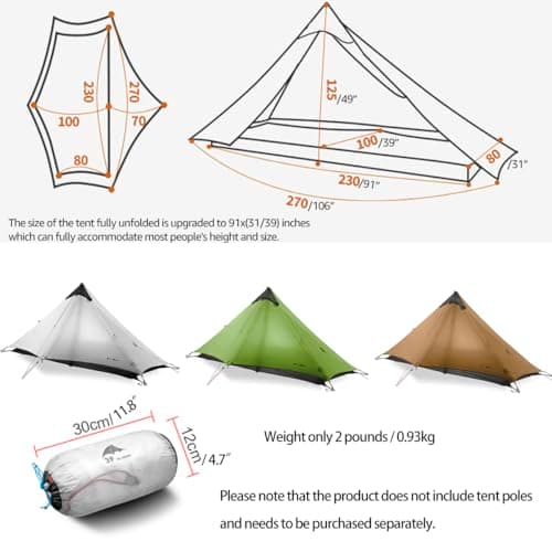 Telomat 3F Lanshan1 Ultralight Poleless Tent for 1-Person, 3/4 Season, Khaki, Waterproof, Portable, Backpacking, Camping, Hiking, Fishing, Mountaineering — view 3
