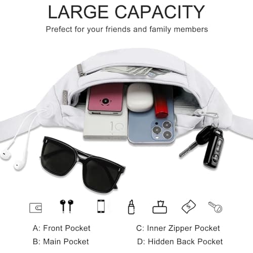 MAXTOP Large Bumbag Waist Fanny Pack Running Belt for Men Women Unisex Bum Bag with Headphone Jack and 4-Zipper Pockets Adjustable Belt for Travel Running Jogging Workout Hiking Gifts White — view 3