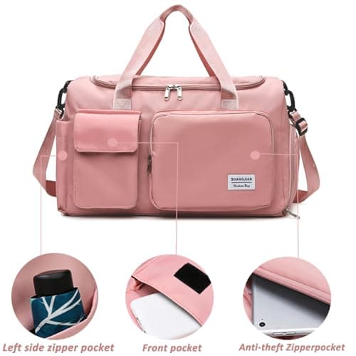 Sports Gym Bag Foldable Overnight Weekend Bags Womens Mens Duffel Bag with Shoes Compartment Water Resistant Holdall with Wet and Dry Separation Bag for Sports and Travel (Pink) — view 3