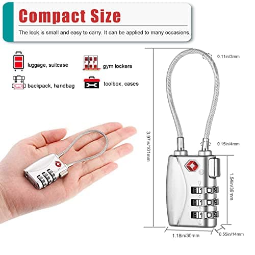 ZHEGE Luggage Padlocks TSA Approved, Flexible Cable Travel Locks,Silver, 2P — view 5