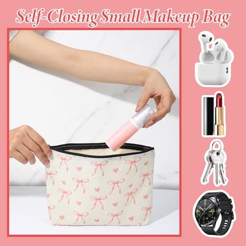 1Pcs Pink Bow Makeup Bag for Women Girls, Cute Coquette Cosmetic Bags, Pink Lovely Heart and Bow Preppy Makeup Pouch with Zipper, Travel Toiletry Bag Gifts for Women Teens Girls, Beige — view 5