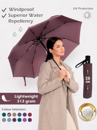 Windproof Travel Umbrella - Compact, Light, Full Automatic Open/Close - Folding Backpack Umbrella for Rain & Sun UV Preotection For Men & Women, Unbreakable 8 Fiberglass Ribs UK Design (Pecan) — view 2