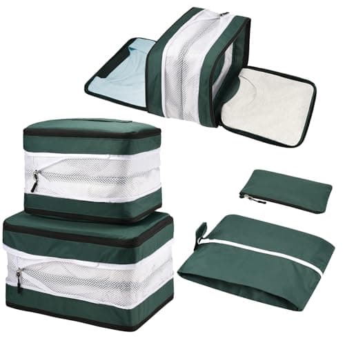 5 Set Compression Packing Cubes for Suitcases, Travel Organiser for Carry on Hand Luggage Newest Double Sided Expandable Packing Bags with Shoes Bag (Blackish Green)