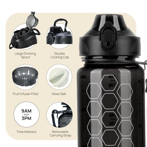 INEVIFIT 3-in-1 Sports Water Bottle 34oz 1L Hydration Tracking Water Bottles with Daily Time Marker BPA Free Tritan Leak Proof with Fruit Infuser Filter, Mixer Ball, Insulating Sleeve & Carrying Strap — view 3