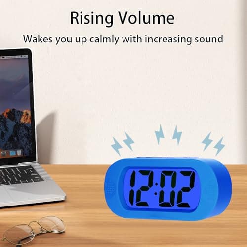 LCD Digital Alarm Clock Large Display – Battery Operated – 12-Hour Format, 8-Min Snooze, 5-Sec Backlight, Ascending Alarm, Soft Silicone Case – Easy Setup (Navy Blue) — view 4