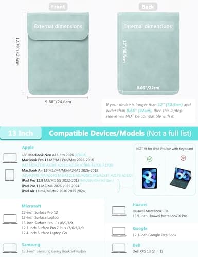 HYZUO 13 Inch Laptop Case Bag Sleeve for MacBook Pro Air M5, Mint Green — view 6