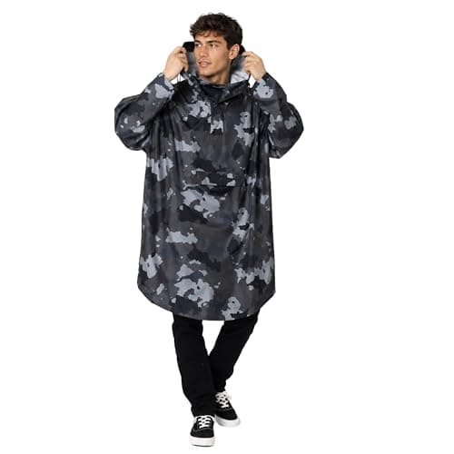 Snuggz Adult Grey Camo Rain Poncho, Lightweight Waterproof Hooded Rain Coat