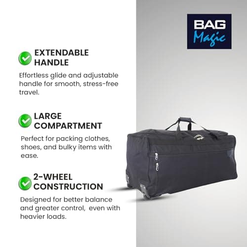 Bordlite 30" Extra Large Wheeled Holdall – Heavy-Duty 2-Wheel Travel Bag with Extendable Handle, Spacious Duffel Luggage for Holidays, Camping, Sports or Weekend Trips – Black — view 2