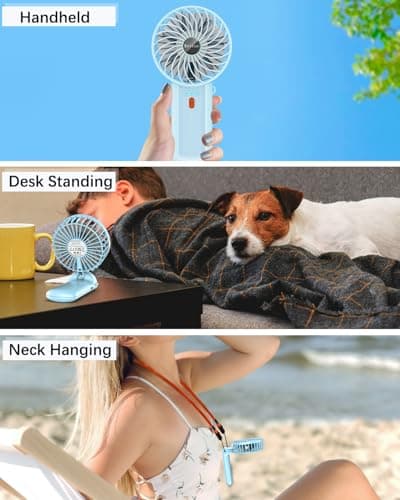 2 Pack Portable Fan Handheld Fan with Neck Lanyard, Battery Operated Electric Powered USB Rechargeable Fans, 6-15H Cooling, 180° Foldable 4 Speeds Mini Fans for Travel Outdoor Home Office, Light Blue — view 3