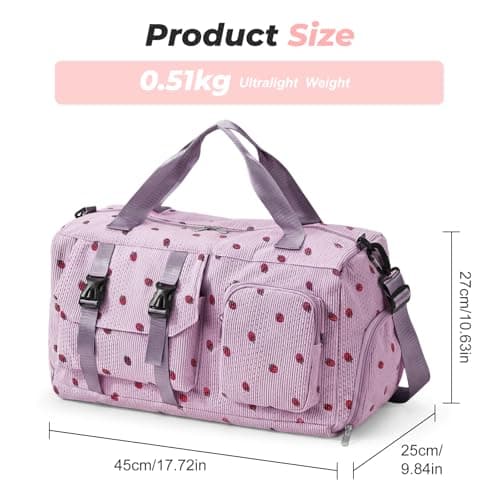 Flintronic Corduroy Strawberry Travel Duffel Bag, Large Gym Bag with Shoe Compartment & Wet Pocket, Foldable Weekender Bag for Gym, Swim, Dance, Travel (Purple) — view 2