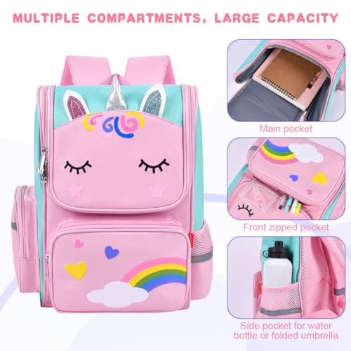 Aucuu Girls' Backpack, Cute Unicorn School Bags, Kawaii Backpack, Waterproof School Bags for Girls, Large Capacity Children's Back-pack, for Elementary, Kindergarten - Pink — view 4