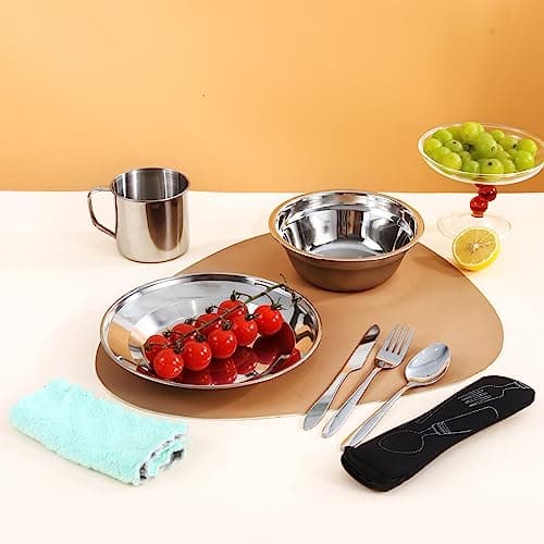 MOUFIER Outdoor Camping Cutlery Set Stainless Steel Tableware Mess Kit Includes Plate Bowl Cup Spoon Fork Knife in Mesh Bags for Camping Backpacking & Hiking for 1 Person, Silver (M028) — view 4