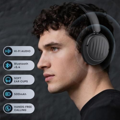 MMWOWARTS Bluetooth Headphones with Active Noise Cancelling (ANC), Wireless Over Ear Bluetooth Headsets with 35H Playtime, HiFi Stereo Foldable Headphones with Foam Ear Cups for Sports, Travel, Black — view 2