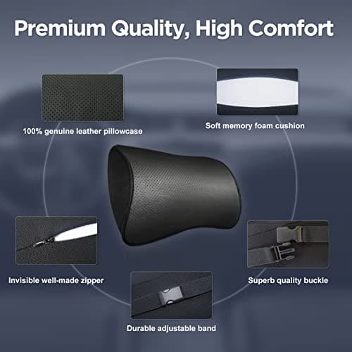 Wattstar Set of 2 Soft Genuine Leather Car Headrest Pillows for Neck Support Car Pillows Memory Foam to Help Relieve Neck Pain, Black — view 3