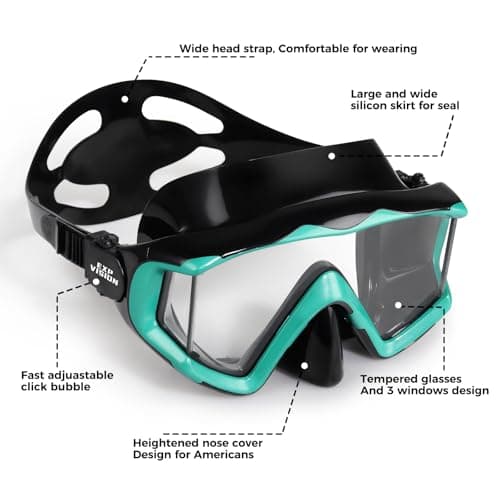 Adult Pano 3 Scuba Diving Mask, Tempered Glass Snorkel Mask Anti-Fog Swim Mask No Leakage Swim Goggles with Nose Cover Snorkeling Gear for Snorkeling, Freediving, Swimming (Black/Ocean Green) — view 3