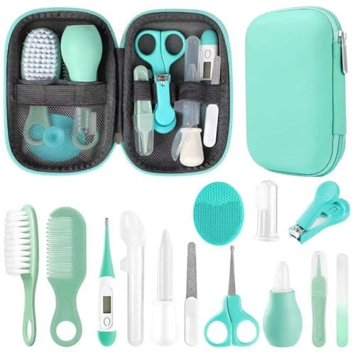 Qunlions life Baby Healthcare and Grooming Kit, Infant Safety Care Set with Hair Brush Comb Nail Clipper, Baby Essentials Kit for Newborn Girls Boys (Green 14 in 1)