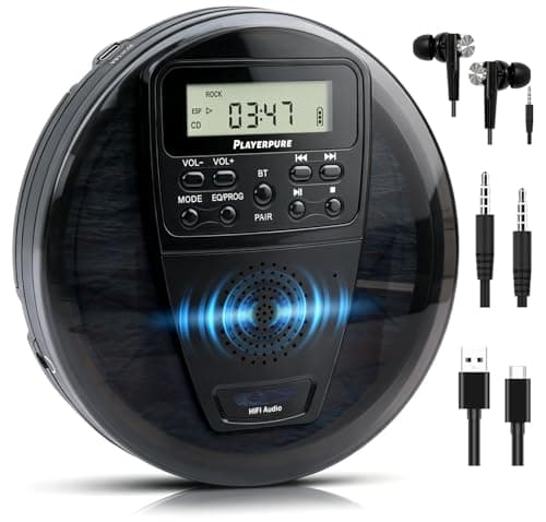 Portable CD Player with Bluetooth and Speaker, 10H Playtime Rechargeable personal CD Player, HiFi Stereo Sound, 60s Anti-Skip Protection, PROG Playback & EQ Modes, Headphones and AUX Cable Included