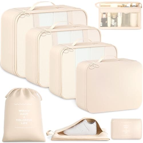 BAGAIL 8-Piece Packing Cubes Set, Travel Organizers with Breathable Mesh & Shoe Bag, Lightweight Nylon Packing Organisers for Luggage Suitcase, 9 Colors - Beige