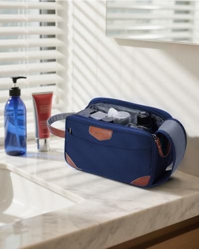 ECOHUB Wash Bag for Men, Water-Resistant Travel Toiletry Bag with Wet Pocket, Recycled Dopp Kit Shaving Bag Fit Full Size Toiletries, Wide-Open Dual Zipper Cosmetic Makeup Organizer Bag, Dark Blue — view 2
