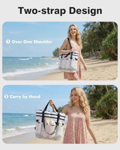 Beach Bag with Zip and Pockets Small Beach Tote Bags for Women, Stripes — view 2