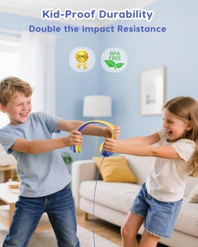awatrue Kids Headphones, Wired headphones Kids with 74/85/94db Safe Volume, 3.5mm jack, Adjustable Headband, Foldable Over Ear Toddler Headphones for Plane/School/Travel/Tablet/Gifts (Blue Yellow) — view 3