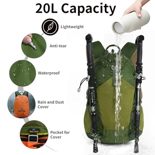 Lightweight Hiking Backpack, 20L Women/Men Waterproof Travel Rucksack Bag with Rain Cover, Outdoor Small Foldable Daypack for Student, Fit for 12.9 inch Laptop, Green — view 3