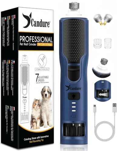 Candure Dog Nail Grinder 7-Speed Whisper Quiet Dog Nail Trimmer for Large, Medium, Small Dogs, Cats & Pets – Silent Type-C Rechargeable Dog Claw Grinder with 360° LED Light & Extra Head (Dark Navy)