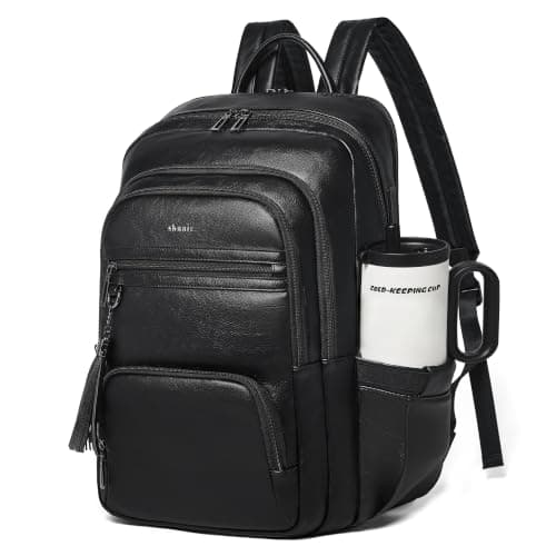 Shrrie 17 Inch Laptop Backpack for Women,Vegan Leather Backpack Purse,28L Work Business College Travel Computer Backpacks with Pouch Pocket for Large Capacity Cup & USB Charger,Black