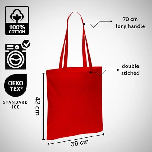 Wonky Line Premium Cotton Tote Bag, Eco-Friendly Shopping Bag, 100% Cotton Canvas, Reusable Grocery Cloth Bag, Extra Strong Long Handle Double Stitched Ideal for Printing (Red) — view 5
