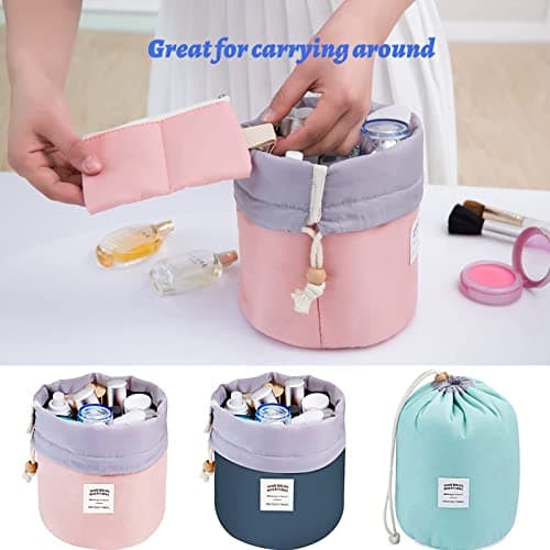 Women Travel Make Up Bag,Pouches Cosmetic Bags Girls Barrel Shaped Hanging Toiletry Wash Bags Nylon Drawstring Makeup Organizer Storage Bag + Small Zipper Pocket+PVC Transparent Brush Bag (Blue) — view 2
