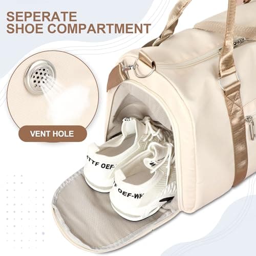 FIORETTO Womens Gym Sports Bag Travel Bag with Shoes Compartment & Wet Pocket, Weekend Overnight Duffle Hospital Bag Carry On Bag Holdall for Travel Swimming Beige & Brown — view 5