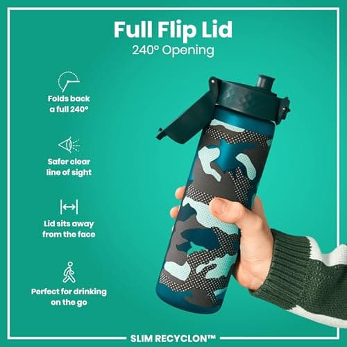 Ion8 Water Bottle, 500ml/18oz, Slim Leak Proof & BPA-Free Drinking Bottle, Secure Lock Prevents Spills, Dishwasher Safe, Carry Handle, Ideal for Adults & Kids - Travel, Gym & School, Aqua, Camo — view 5