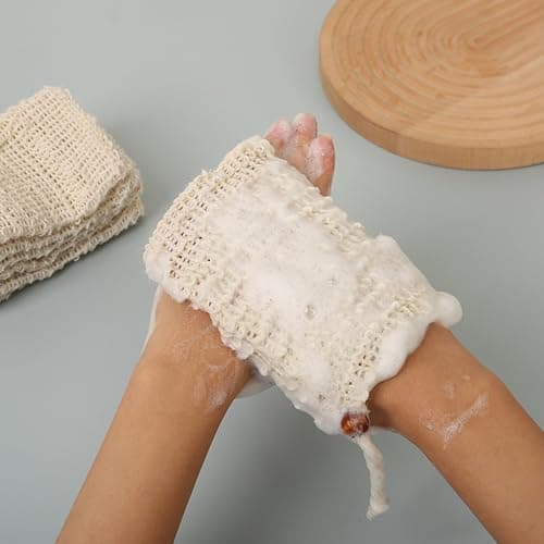 2 Pcs Sisal Soap Bag,Natural Organic Soap Bags for Shower and Foaming,Exfoliating Mesh Soap Saver Pouch with Drawstring,Convenient to Carry Soap Pouch,for Shower,Drying,Foaming Soaps,Exfoliation — view 4