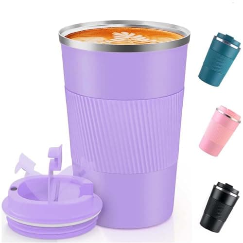 AidShunn Travel Mugs, 380ml Insulated Coffee Cup with Leakproof Lid - Reusable Double Walled Coffee Mug, Stainless Steel Thermal Cup for Hot Cold Drinks, Water and Tea (Purple)