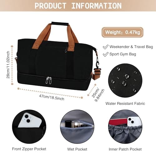 Travel Duffel Bag, Foldable Waterproof Overnight Holdall Bag, Carry On Luggage Weekend Bag with Wet and Dry Separation, Hospital Sports Gym Tote for Women and Men (Black) — view 2