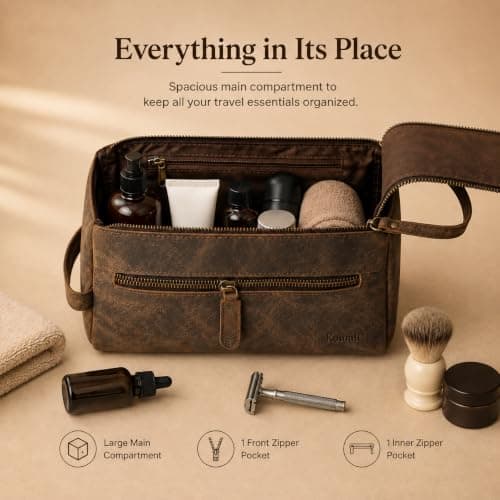 KomalC Premium Buffalo Leather Unisex Toiletry Bag Travel Dopp Kit (Distressed Tan) — view 2