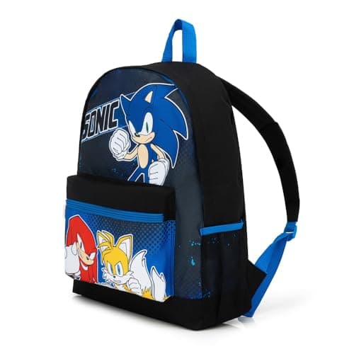 Sonic The Hedgehog Boys Backpack, Kids School Bag, Blue Black Gaming Rucksack with Front Pocket & Side Mesh, Lightweight School Travel Bag